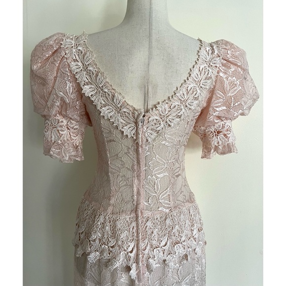 Vintage 80s 90s Glenda Sheer Lace Dress Puff Sleeve Peach Pink Princess Size 4 - Picture 3 of 8
